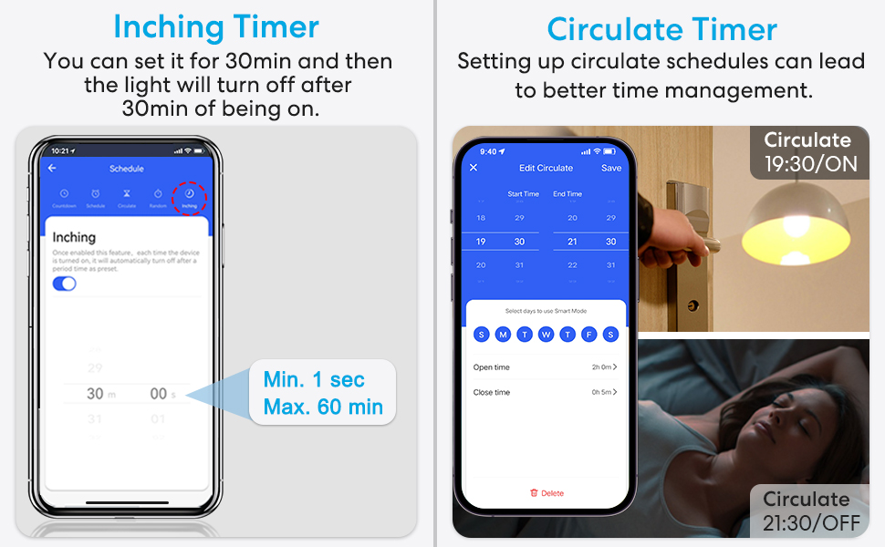 Custom timing from 1 second to 60 minutes, automatic light off.