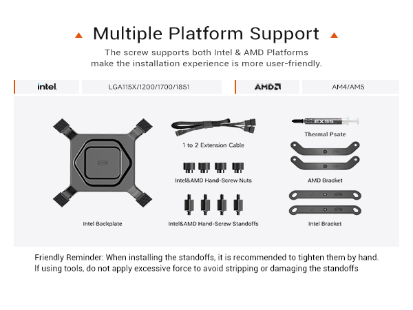 Text reads 'Multiple Platform Support'. Technical diagram showing CPU cooler installation instructions with AMD and Intel platform compatibility icons and assembly components.