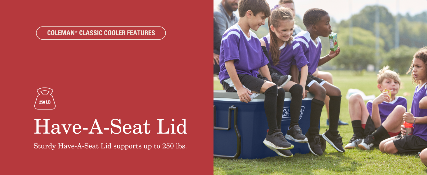 coleman classic cooler feature have a seat lid sit kids adult 250 sturdy soccer snack drink camp