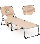 Goplus Tanning Chair, Folding Beach Lounge Chair with Face &amp;Arm Hole, 5-Position Adjustable,Remov...