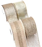 Ribbli Champagne Gold Wired Ribbon,Metallic Burlap Glitter Mesh Sheer Organza Ribbon,Christmas Ri...