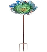 Glass Bird Bath Outdoor Birdbaths Garden Birdfeeder with Metal Stake Green(Height:26inch)
