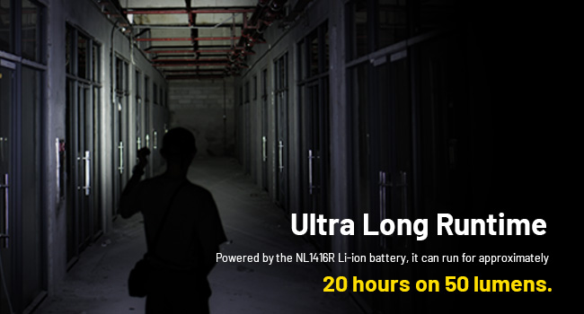 A person shines the MT2A Pro down a long hallway. The Nitecore NL1416R is enlarged to show it off.