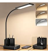 LED Desk Lamp with Charger, USB-C/USB-A &amp; AC Outlet, Dimmable Desk Light &amp; Table Lamp with Pen Ho...