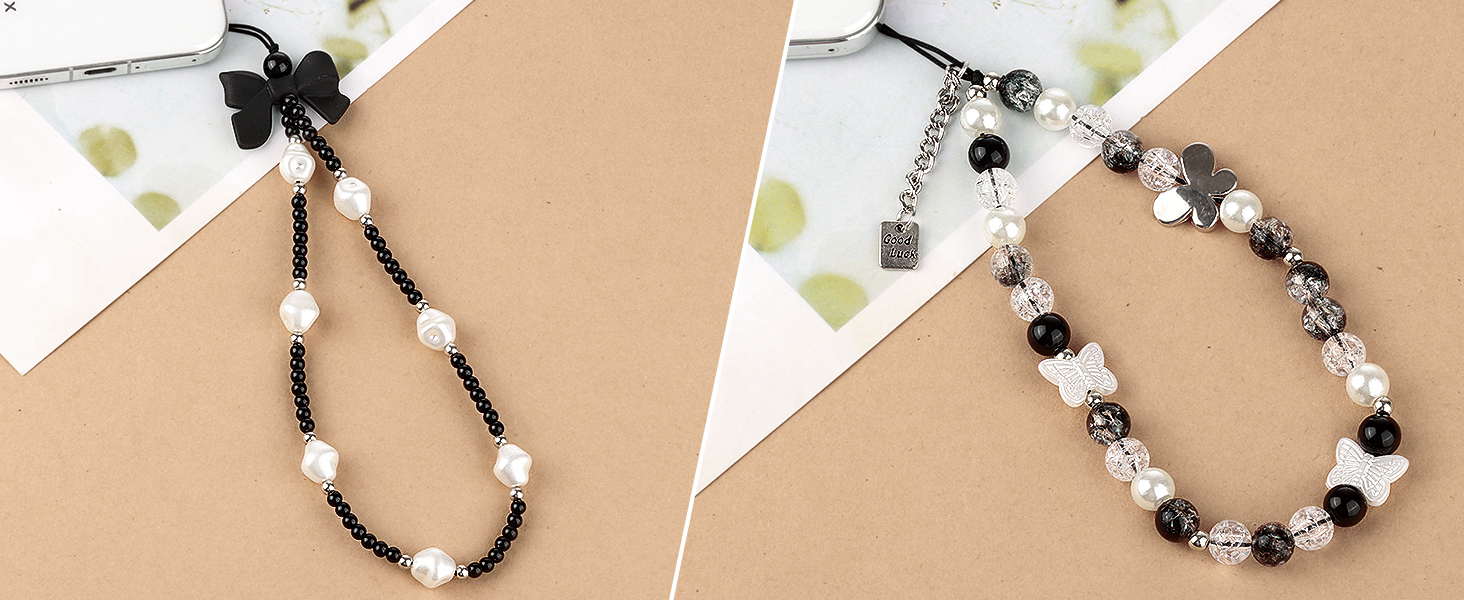 Draupnir Phone Charms Strap, Butterfly Bow Knot Beaded Phone Bracelet Strap