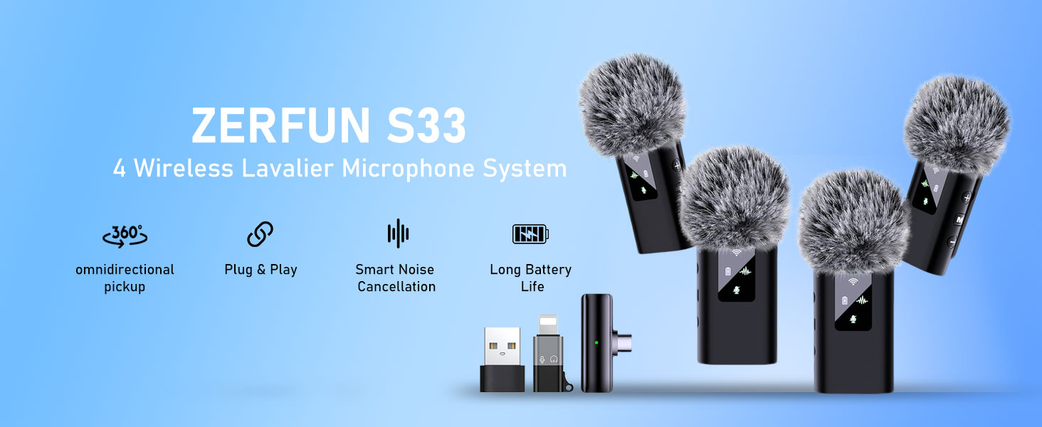 ZERFUN Pro 4 Wireless Lavalier Microphone for iPhone Android Phone Pad Computer