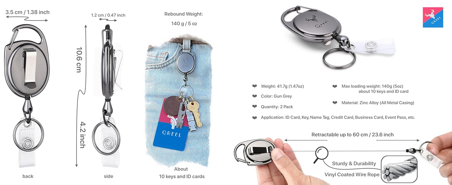 Metal Heavy-duty Retractable Badge Holder Reels with Carabiner &amp; Belt Clip &amp; Key Ring