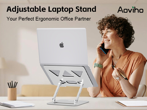 Adjustable laptop stand for desk elevates laptops for ergonomic work, study and office productivity
