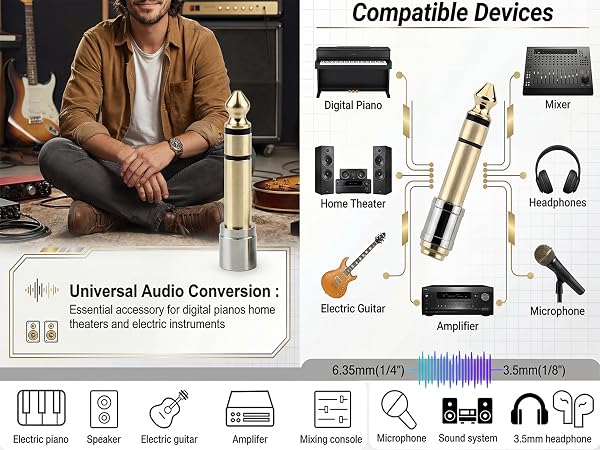 Universal 1/4" to 1/8" audio converter for guitar home theater and mic.