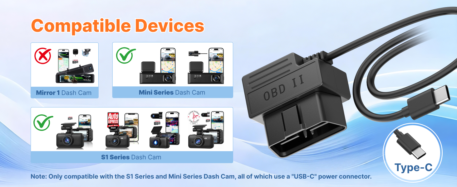 Type-C OBD II Charging Cable, Compatible with Miofive and major Dash Cams