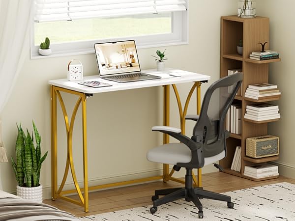 Under a window, a folding table with a computer, a chair, plants and bookshelves on both sides