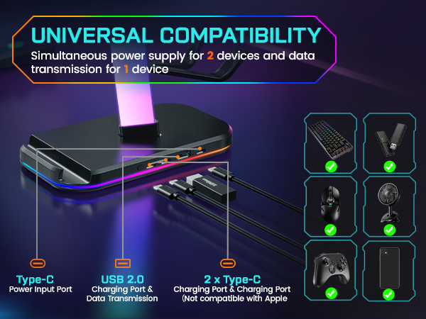RGB Gaming Headset Stand &amp; Controller Holder with Charging Station