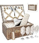 Willow Picnic Basket Set for 4 Persons with Large Insulated Cooler Bag and Waterproof Picnic Blan...