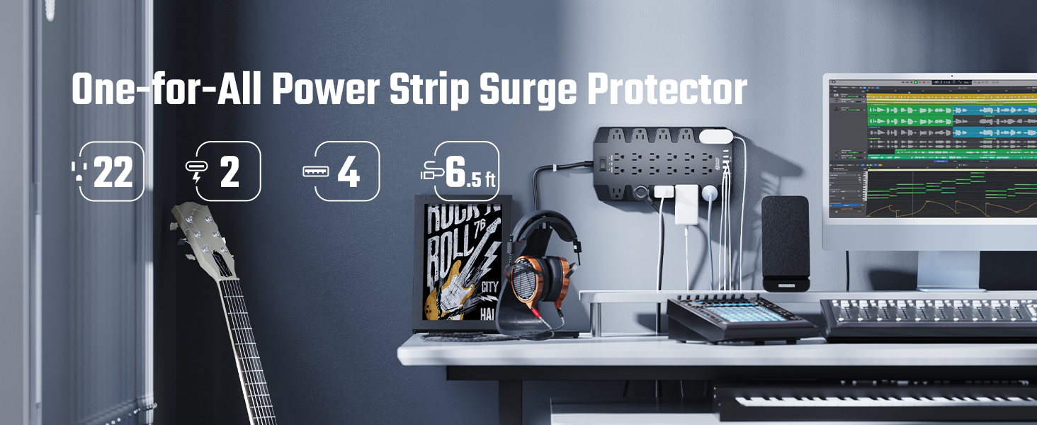 SUPERDANNY Power Strip Surge Protector with 22 Outlets 6 USB (2 USB-C 4 USB-A)