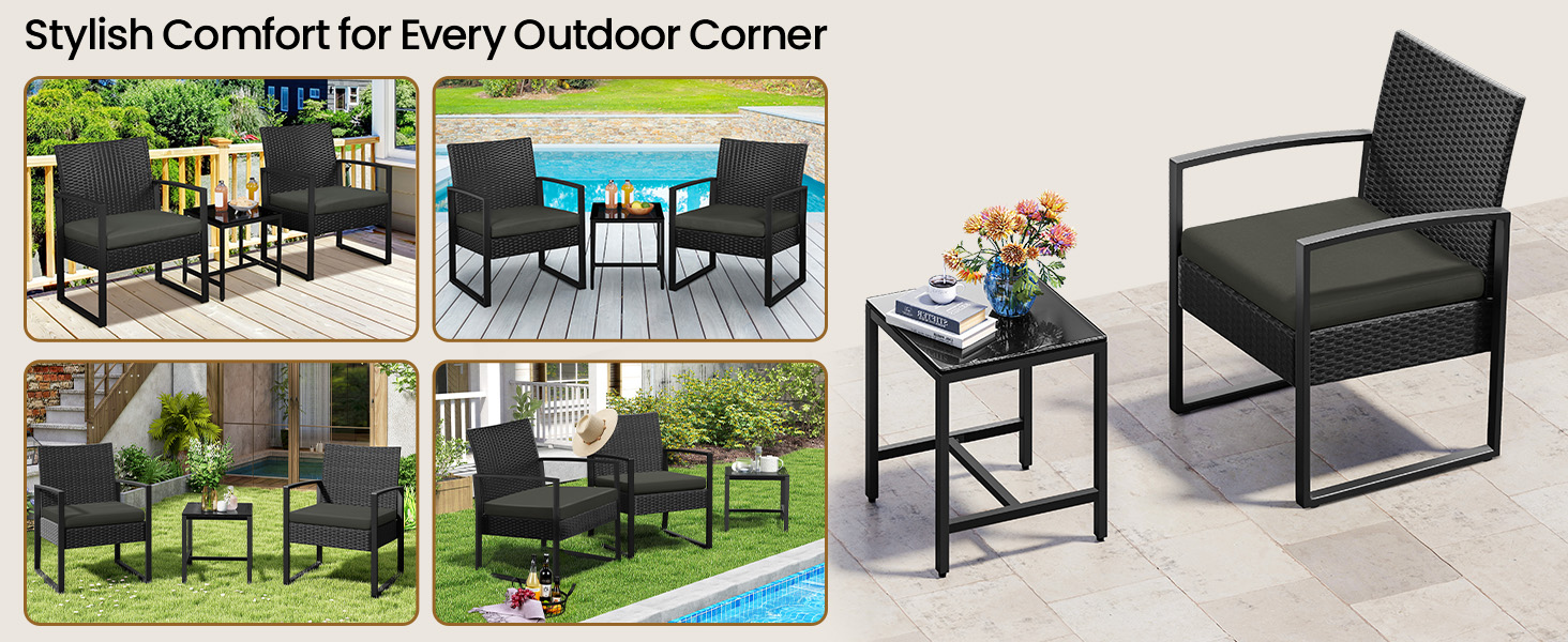 3-Piece Patio Set Rattan Chairs &amp; Table