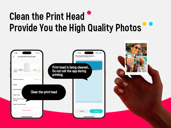 Mobile app interface showing print head cleaning function, with phone screens demonstrating the process and a hand holding a printed photo.