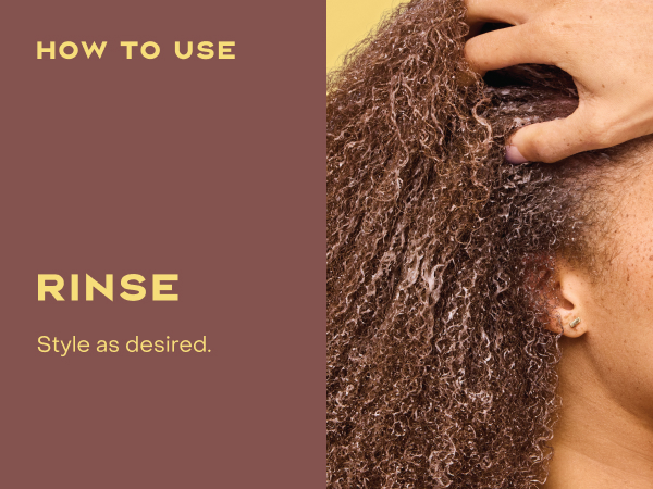 Image of a young woman running her hand through her curly hair, next to rinsing instructions