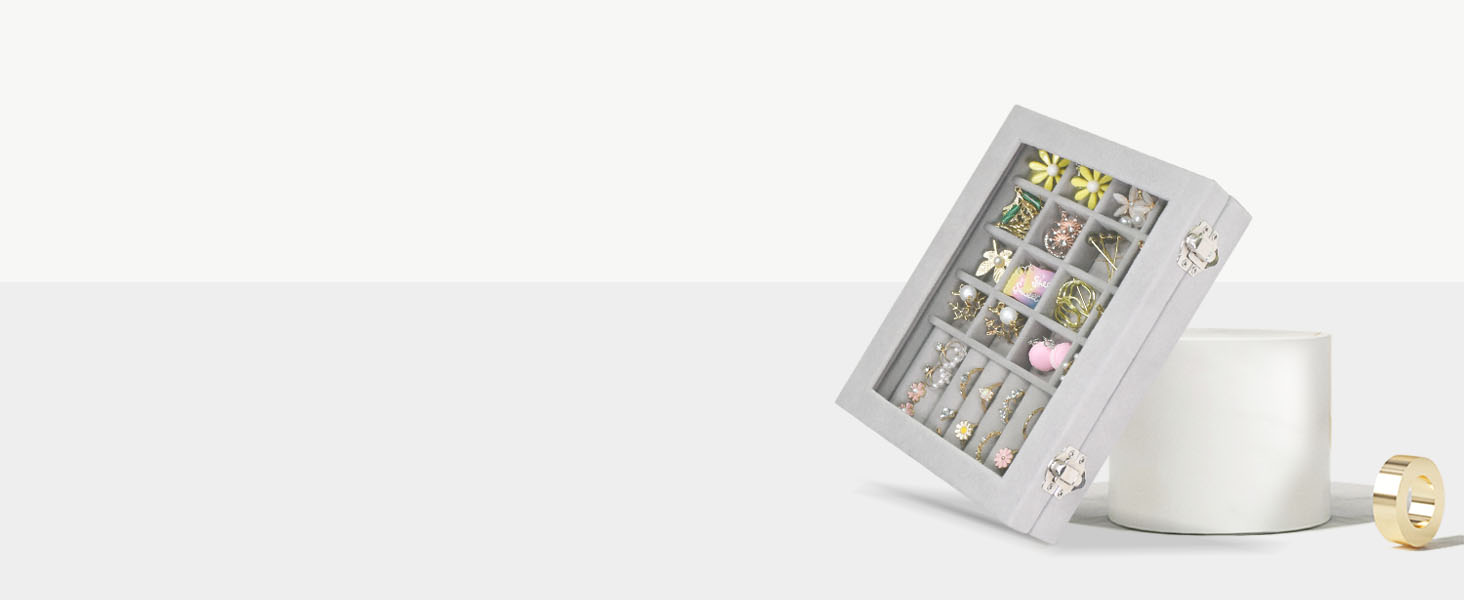 Vicoter Velvet Jewelry Organizer Tray 7 Ring Slots &amp;amp; 16 Grid Compartments Glass Lid Display Case