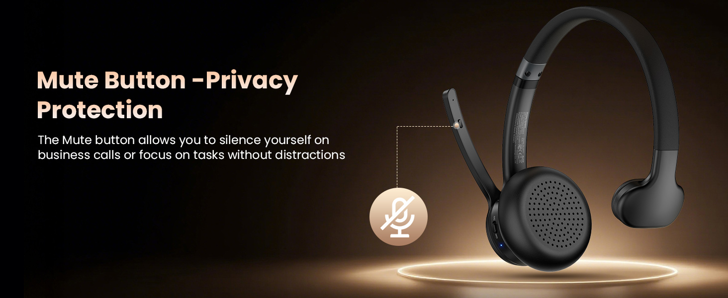 Text reads 'Mute Button - Privacy Protection'. Product image showing professional audio equipment or microphone in dramatic lighting.