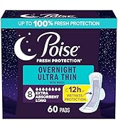 Poise Overnight Ultra Thin Incontinence &amp; Postpartum Pads with Wings for Bladder Leaks, 8 Drop Ex...