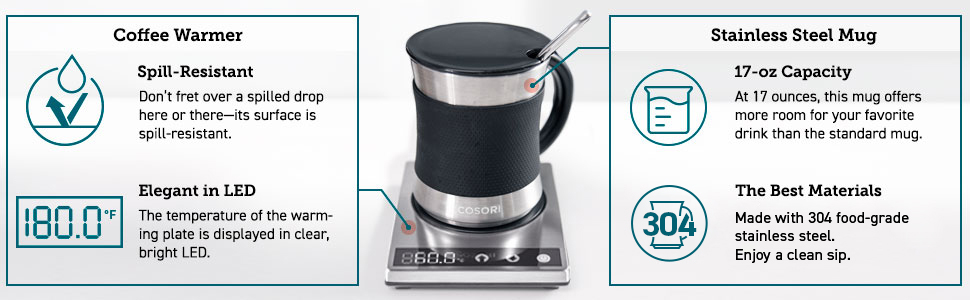 spill-resistant surface; LED display; 17oz capacity; 304 food-grade stainless steel