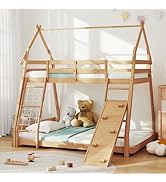 DUMOS Bunk Bed Twin Over Full, House Bunk Bed with Climbing Nets and Climbing Ramp, 82.6'' Hight ...