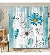 JAWO Rustic Farmhouse Teal Floral Shower Curtain, Farm Teal Daisy Flowers and Butterfly Shower Cu...