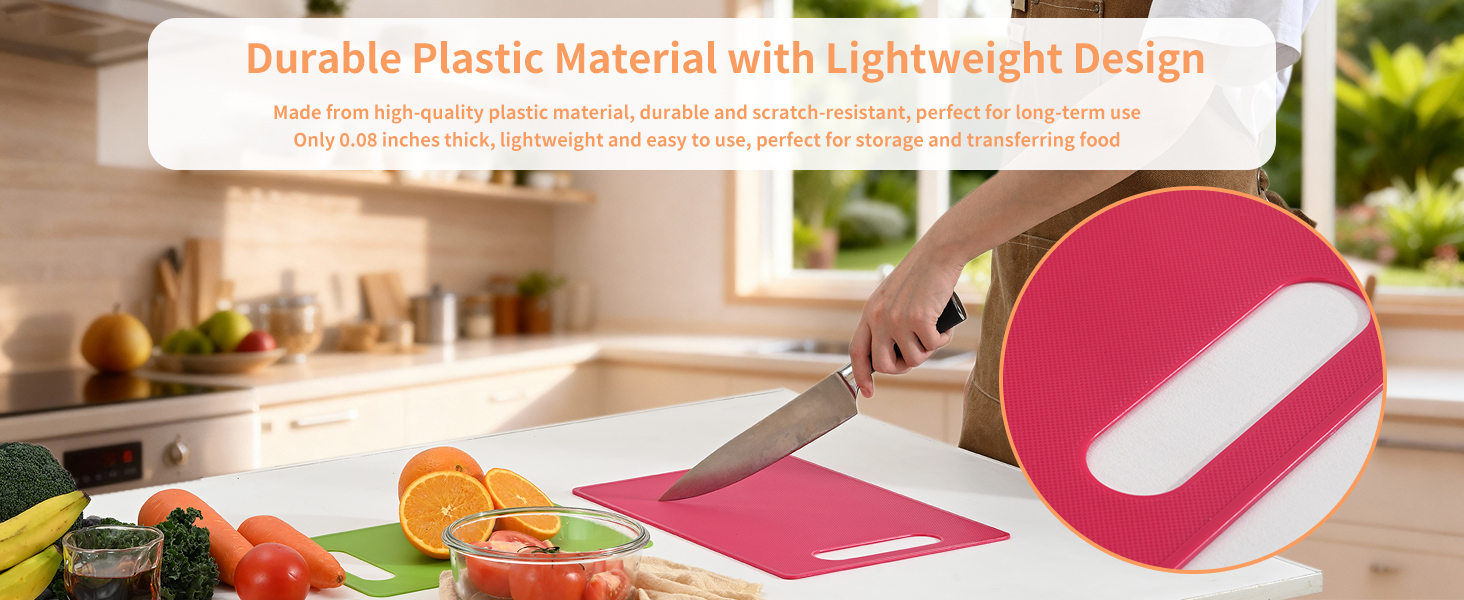 Durable plastic cutting board with handle hole, lightweight, scratch-resistant, and easy to use