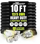 10ft Outdoor/Indoor Extension Cord 3-Outlet 12/3 Gauge Extra Heavy Duty 3 Prong SJTW, Waterproof,...