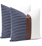 OTOSTAR Pack of 2 Faux Leather Striped Patchwork Decorative Throw Pillow Covers 18 x 18 Inch Squa...