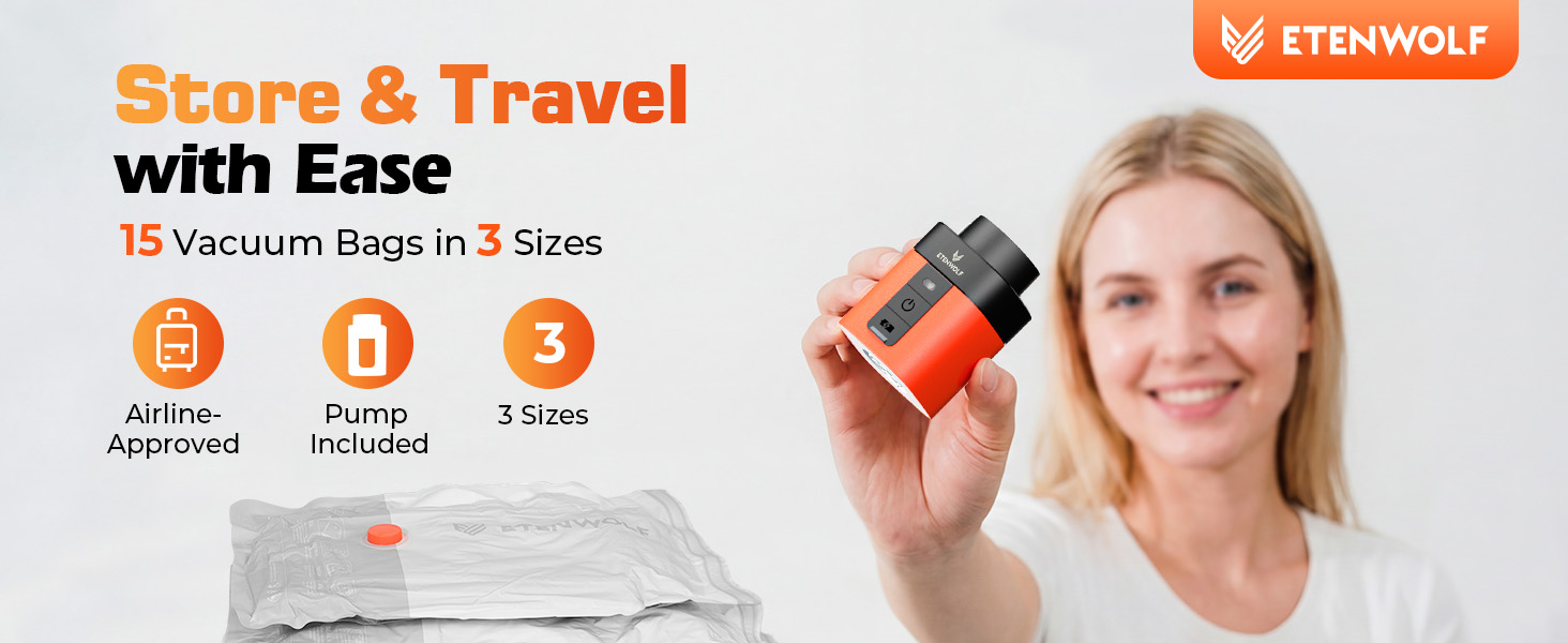 15 Pack Vacuum Seal Bags for Clothing with Rechargeable Wireless Pump