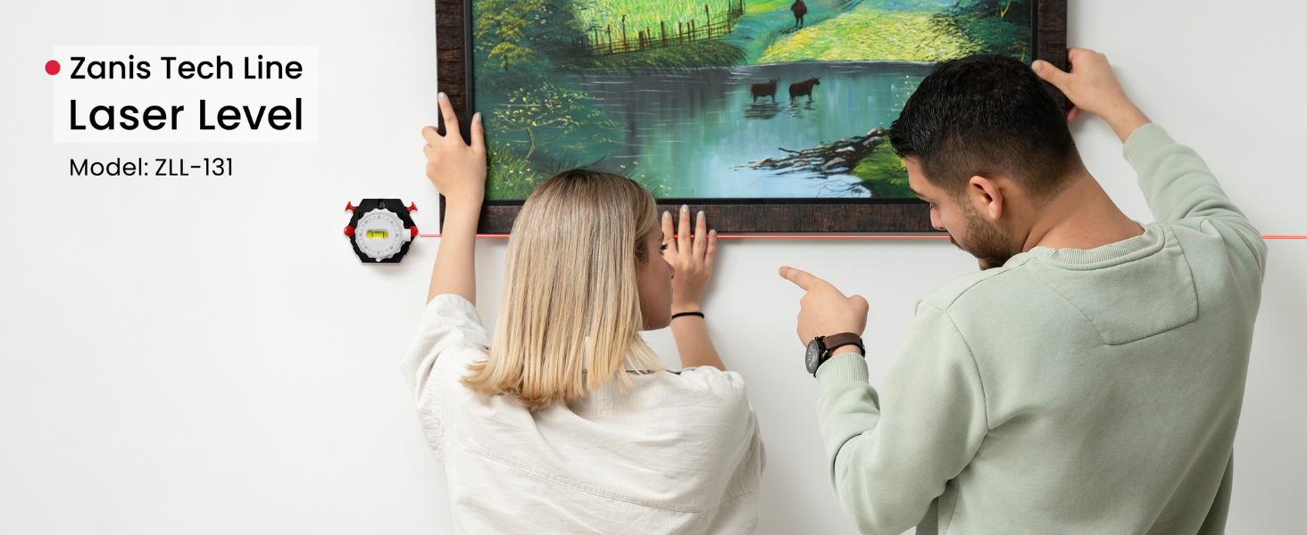 Zanis Laser Level helping user hang picture frames with easy and precise leveling.
