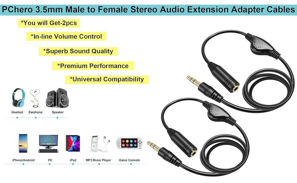 3.5mm headphone volume control audio extension cable