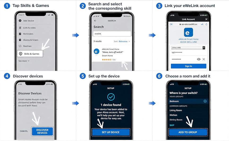 Text reads 'Tap Skills &amp; Games', 'Search and select device', 'Link your dBLLink account', 'Remember devices', 'Set up the device', 'Choose a room and add it'. Six smartphone screens showing sequential app setup steps with blue accent colors and navigation arrows.