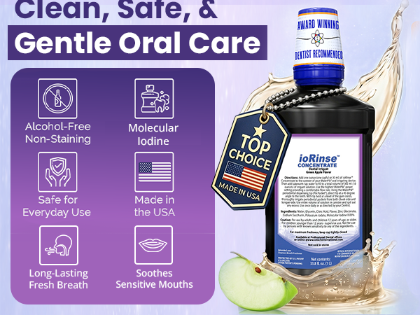 Oral irrigant concentrate with molecular iodine and fresh apple flavor for daily oral care