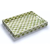CHI AN HOME Rectangle Decorative Tray with Handles, Handmade Checkered Serving Tray with Capiz Sh...