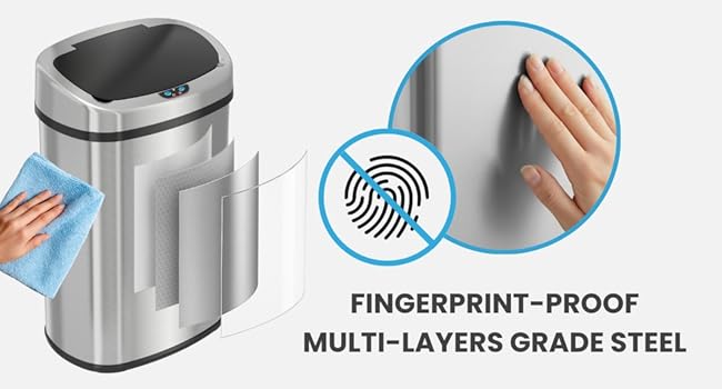 iTouchless stainless steel trash can with fingerprint-resistant, rust-proof coating.