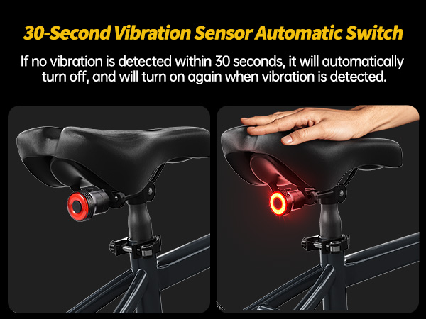 Bicycle seat with integrated automatic vibration-sensing taillight that activates when movement is detected, shown in off and illuminated states.