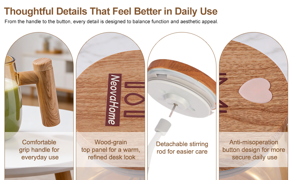 Glass coffee mug with wooden handle and detachable stirring rod