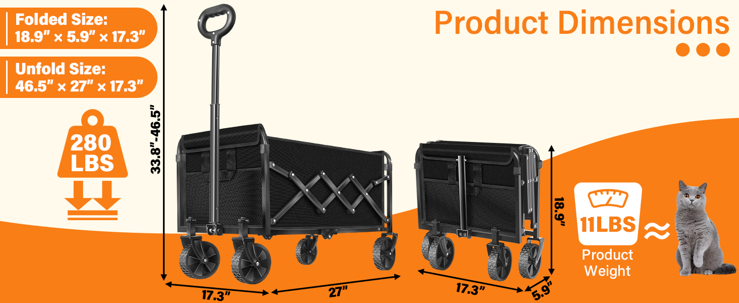 Folded: 18.9”x5.9”x17.3”. Unfolded: 46.5”x27”x17.3”. H: 33.8”-46.5”. Wt: 280 lbs.