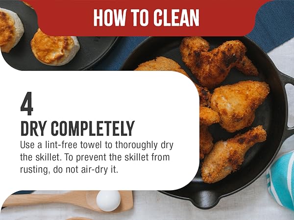 A cast-iron skillet frying chicken. Text reads: Dry completely.