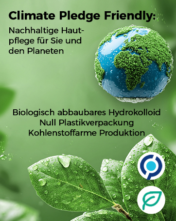 Text reads 'Climate Pledge Friendly', 'Nachhaltige Haut-pflege für Sie und die Erde', 'Biologisch abbaubares Hydrokolloid', 'Null Plastikverpackung', 'Kohlenstoffarme Produktion'. Green leaf with water drop and Earth imagery.