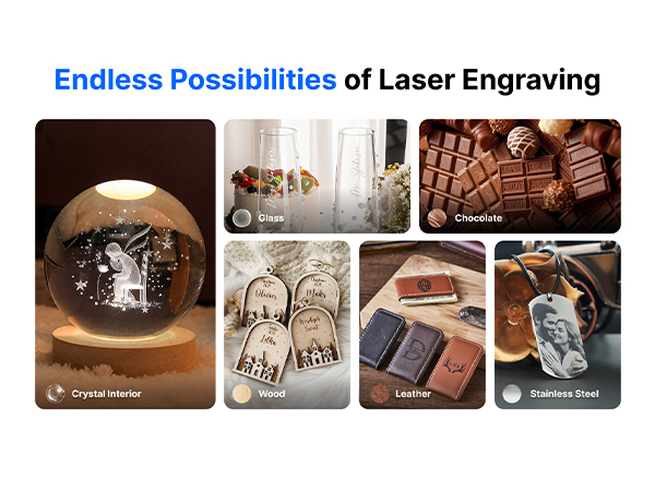 Text reads 'Endless Possibilities of Laser Engraving'. Collection of laser-engraved products including leather items, wooden pieces, and customized accessories showing various engraving applications.