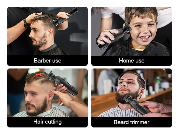 Electric hair clipper shown in four use scenarios: professional barbering, home haircuts, hair cutting, and beard trimming. Demonstrates versatility for various grooming needs.