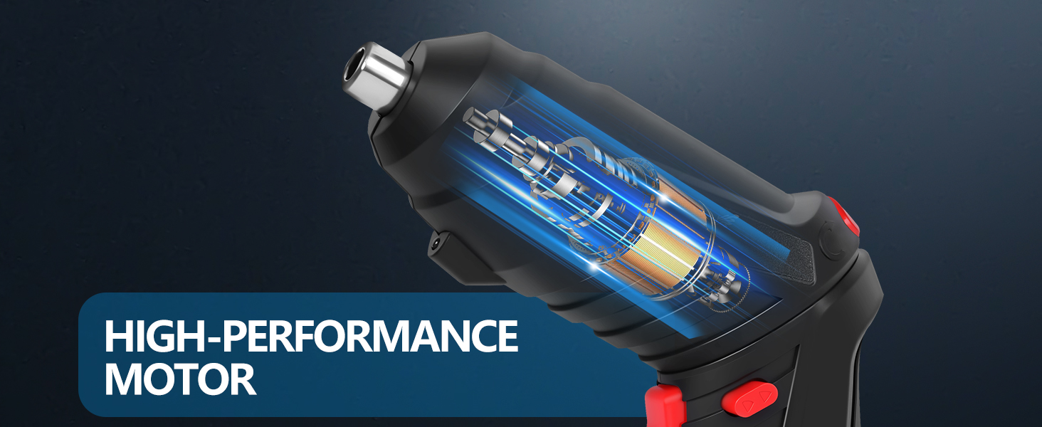Cross-section of a handheld power tool showing a high-performance motor with blue and gold internal components. The tool has a black exterior with red accents.