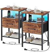 TRIFEBLE Night Stand Set 2, End Table with Charging Station, LED Bedside Table with Fabric Drawer...