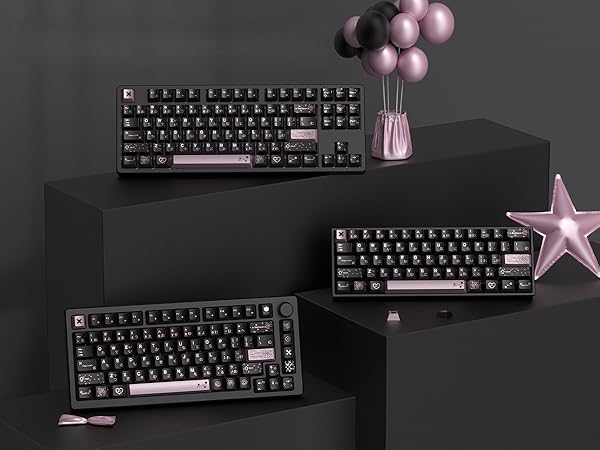 PBT Keycaps with Metal Paint,112-Key Black/Pink Custom Keycap Set dye Sublimation