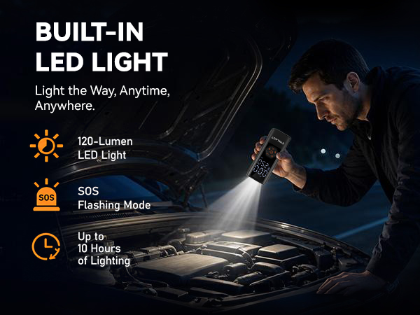 120-lumen LED and SOS light illuminate a vehicle engine compartment during a nighttime stop.
