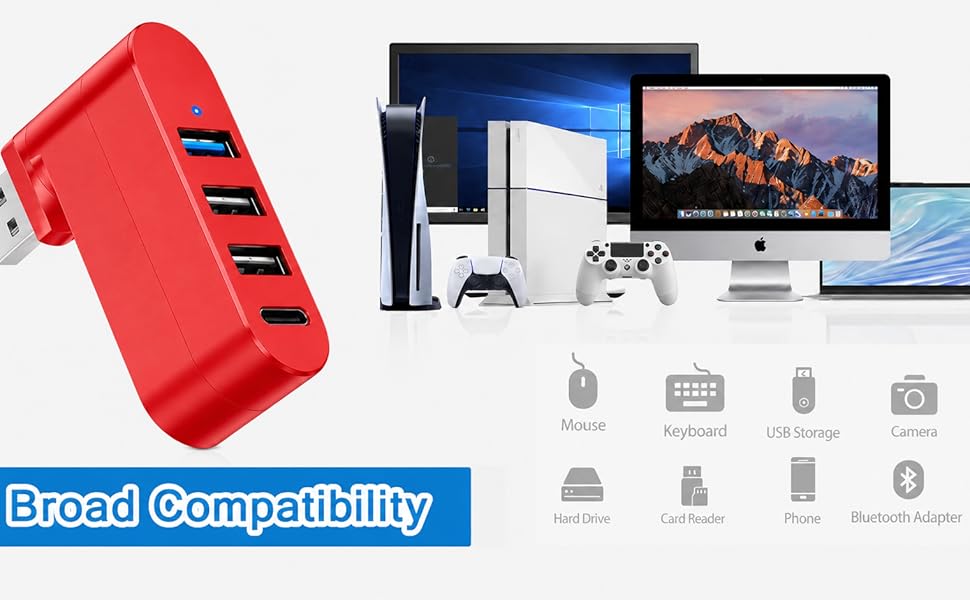 4-Port USB c Hub [90°/180° Degree Rotatable], USB Splitter USB Extender for Laptop, Car, Red