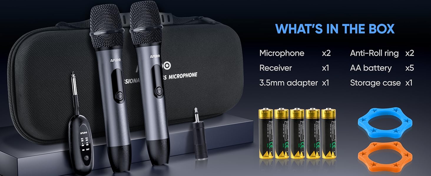Two Wireless Microphone, Dual-Mic Receiver, Storage Case, 5 AA Batteries, 2 Ring, 3.5mm Adapter